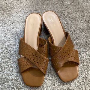 Anne Taylor Factory Camel Brown Mules with Criss-Cross Design
